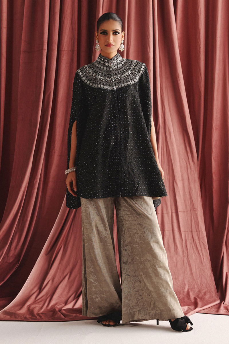 Marodiwork Crushed Silk Bandhani Cape with Palazzos