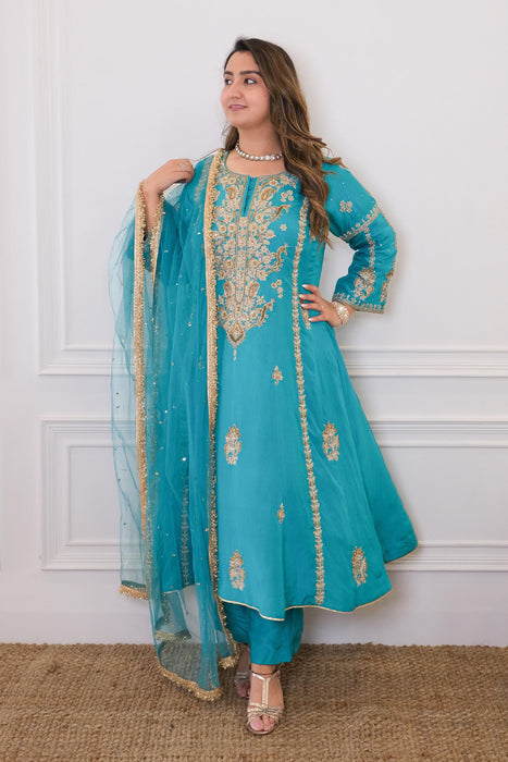 Ferozi Silk Kalidar Set