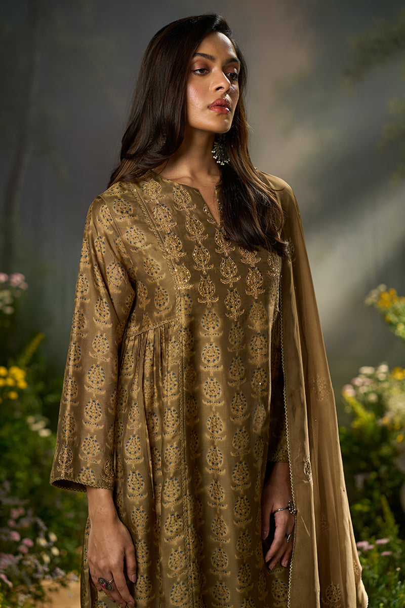 Olive Green Silk Print Festive Kurta Set