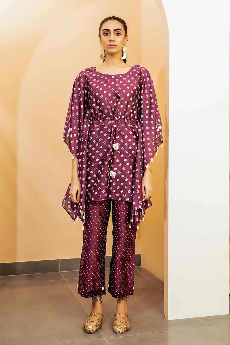 Plum Bandhani Kaftan Set