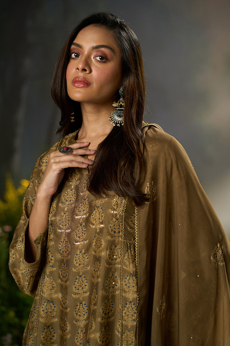 Olive Green Silk Print Festive Kurta Set