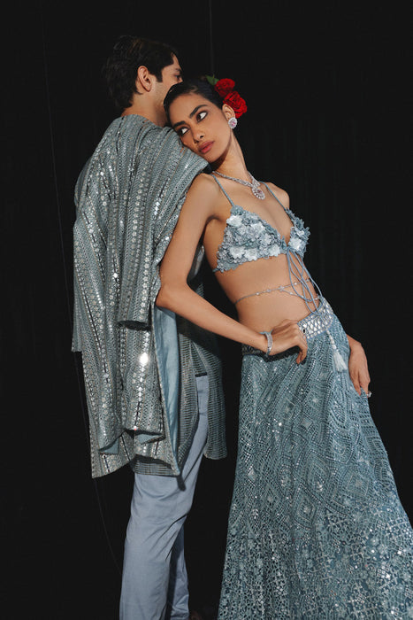 Powder Blue Banarasi Tissue Kurta