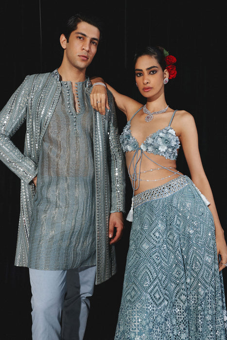 Powder Blue Banarasi Tissue Kurta