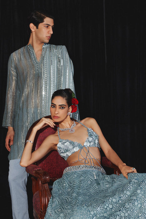 Powder Blue Banarasi Tissue Kurta