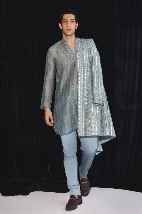 Powder Blue Banarasi Tissue Kurta