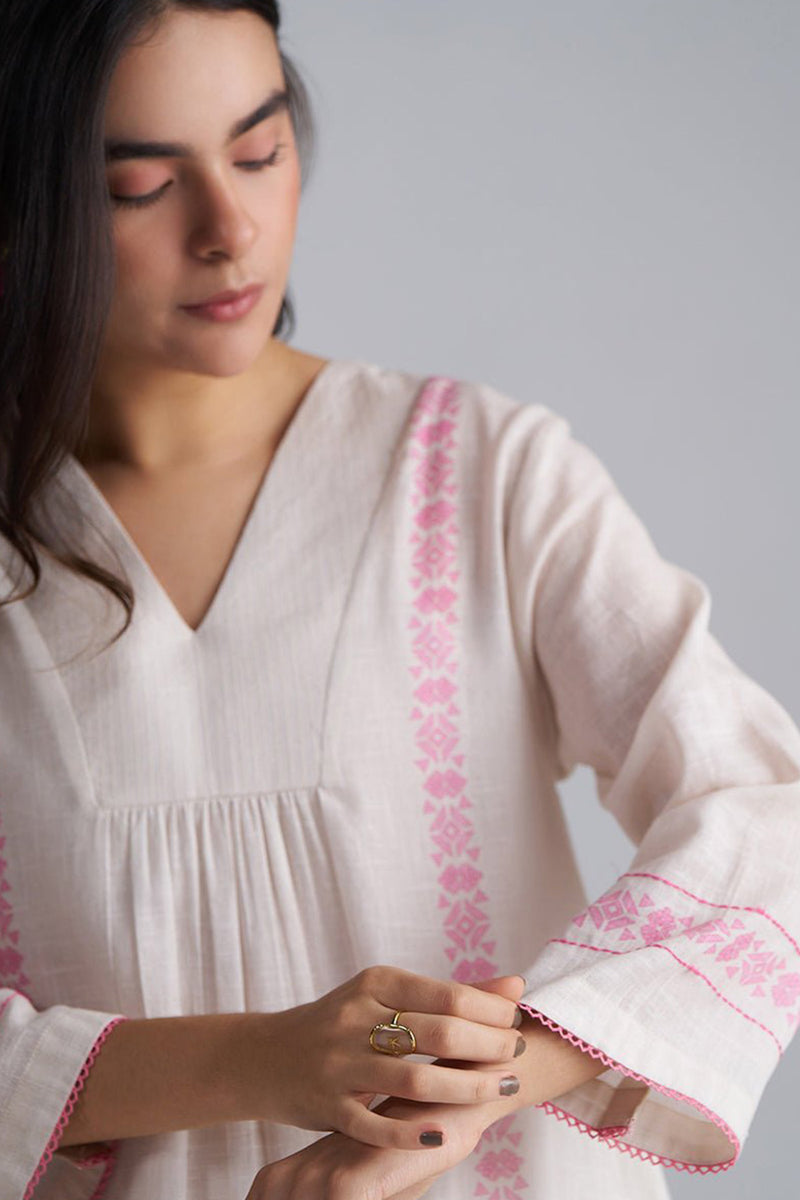 Ivory With Morning Glory Pink Cotton Linen Co-ord Set