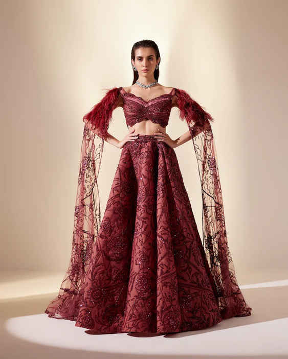 Wine Dewdrop Lehenga