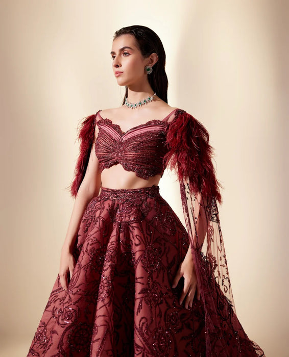 Wine Dewdrop Lehenga