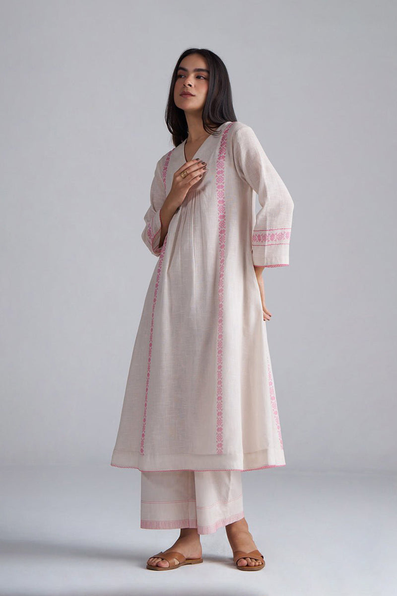 Ivory With Morning Glory Pink Cotton Linen Co-ord Set
