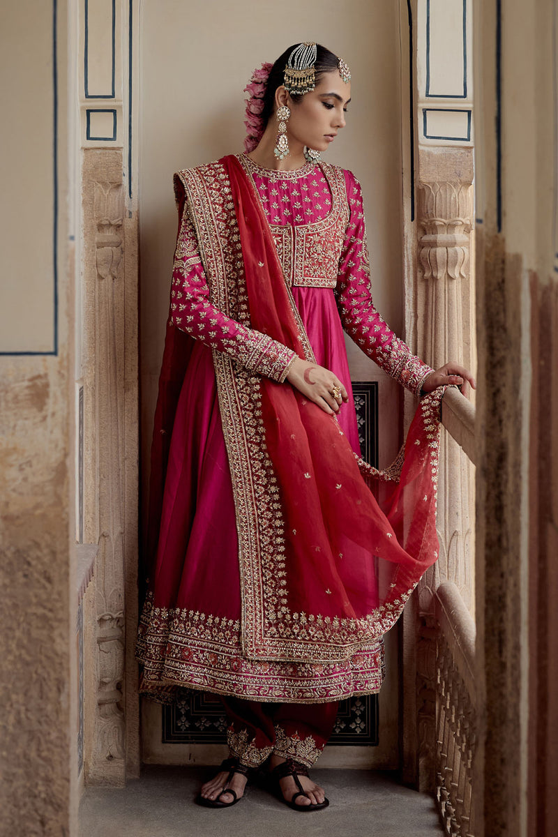 Noor - Dabka Zardozi Embroidered Chanderi Silk Hotpink Anarkali  Set