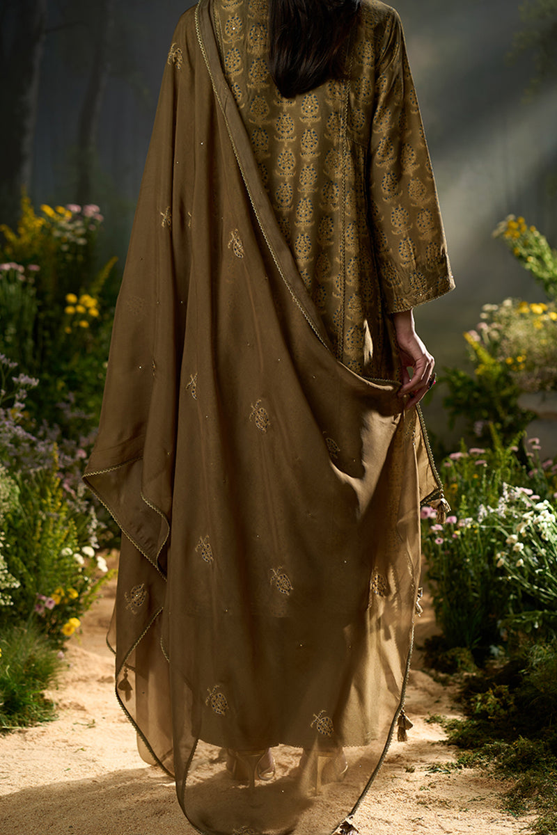 Olive Green Silk Print Festive Kurta Set