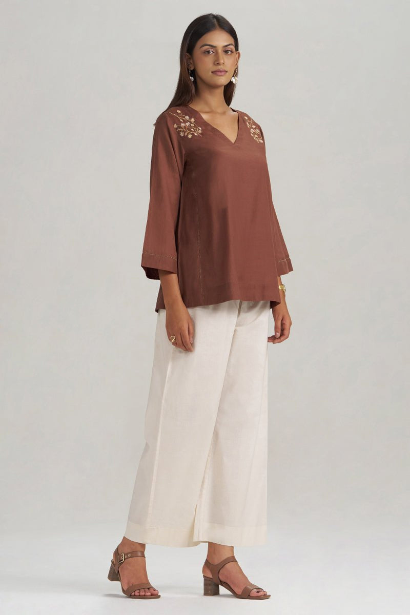 Cocoa Brown Embroidered Mul-Mul Tunic