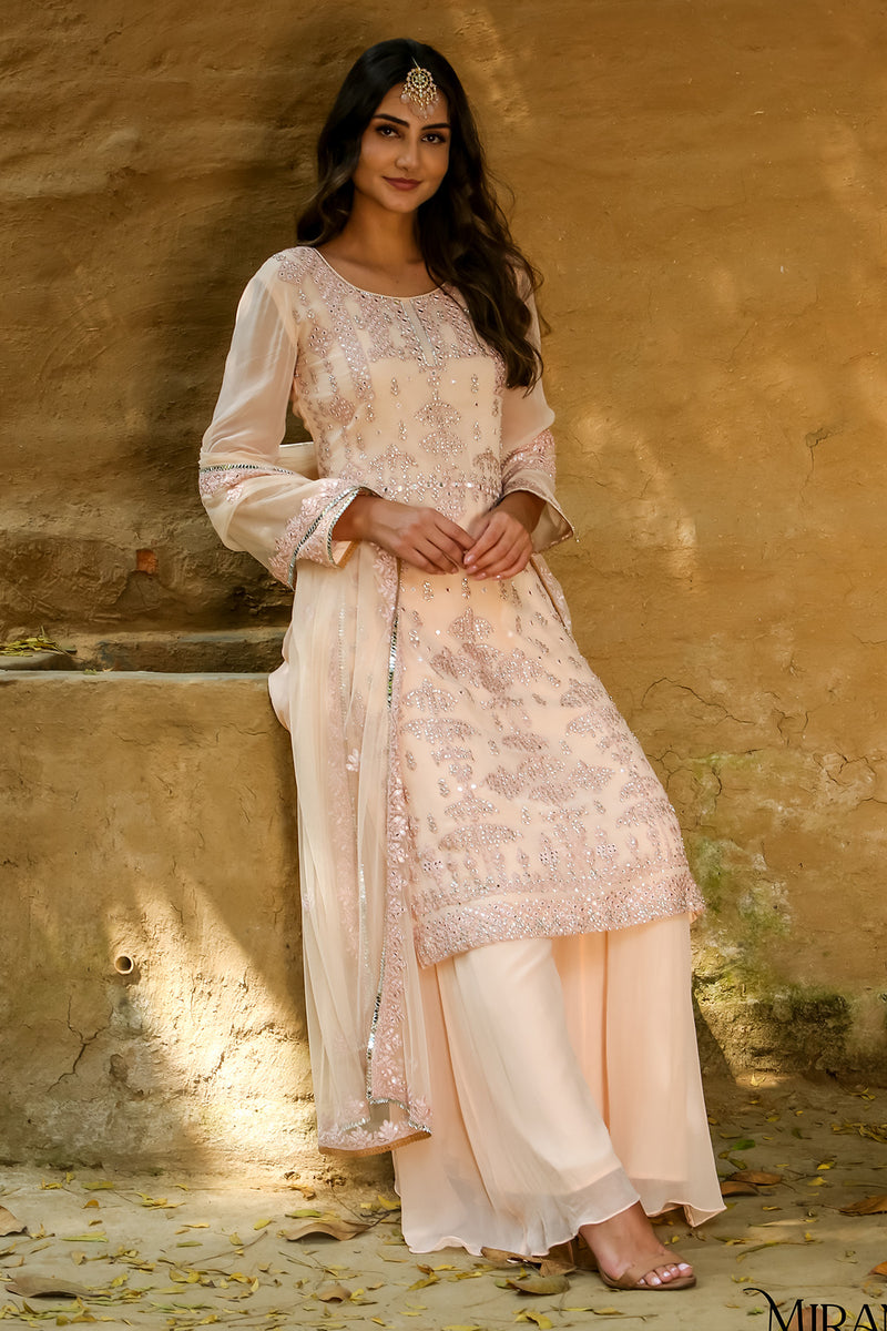 Irana - Peach Embroidered Kurta  Sharara Set