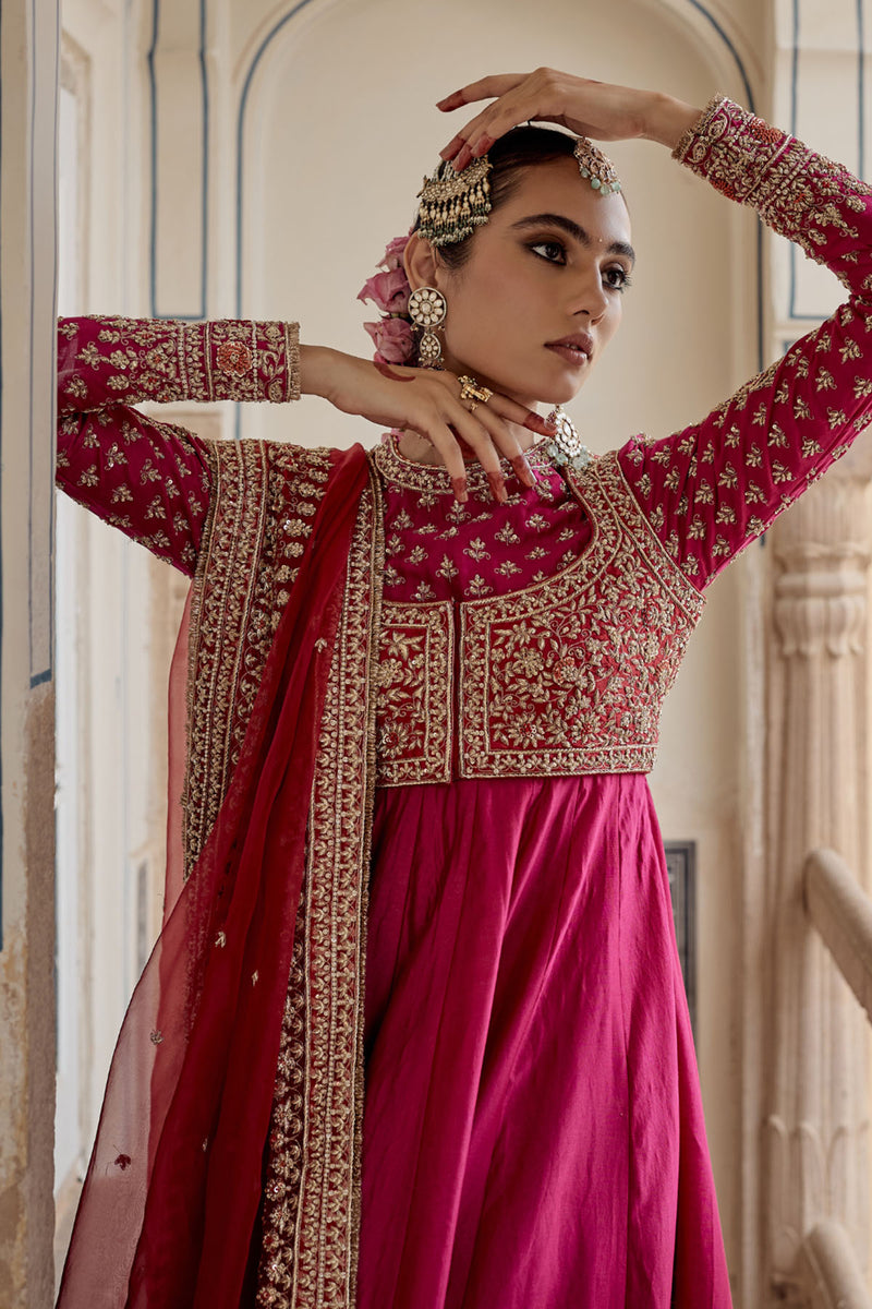 Noor - Dabka Zardozi Embroidered Chanderi Silk Hotpink Anarkali  Set