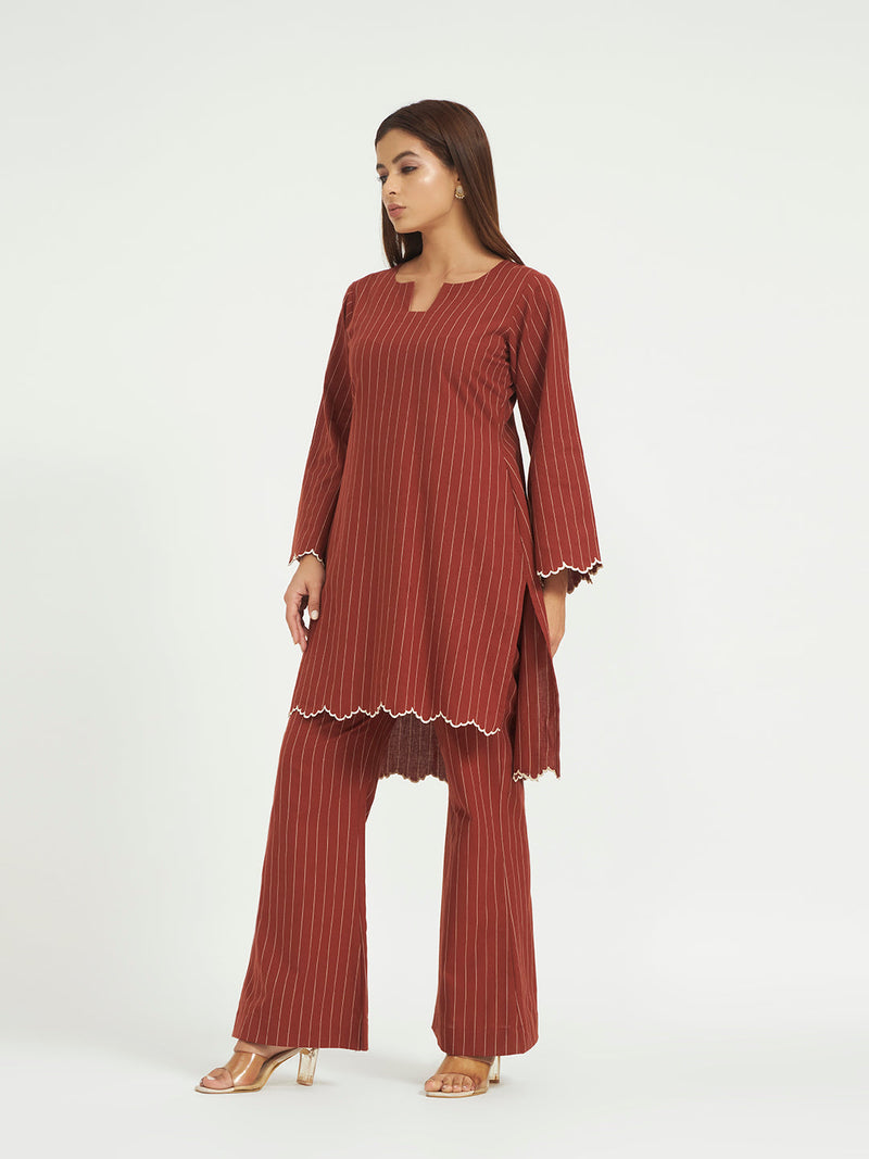 Rust Pinstripe Co-ord Set with Scalloped Hem