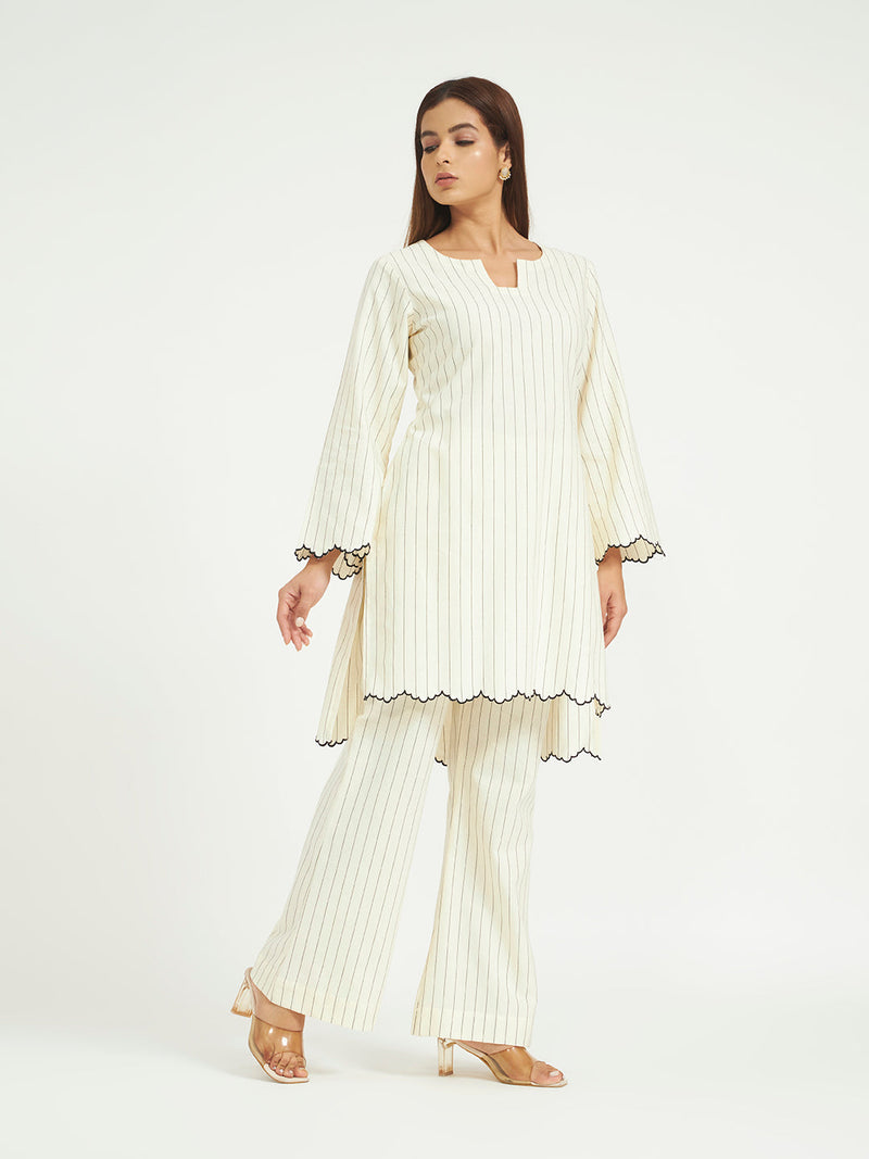 White Pinstripe Co-ord Set with Scalloped Hem