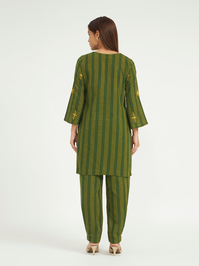 Green Striped Kurta Set with Embroidery
