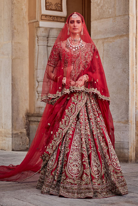 Mahanoor - Dabka Zardozi Embroidered Pure Silk Red Bridal Lehenga Set