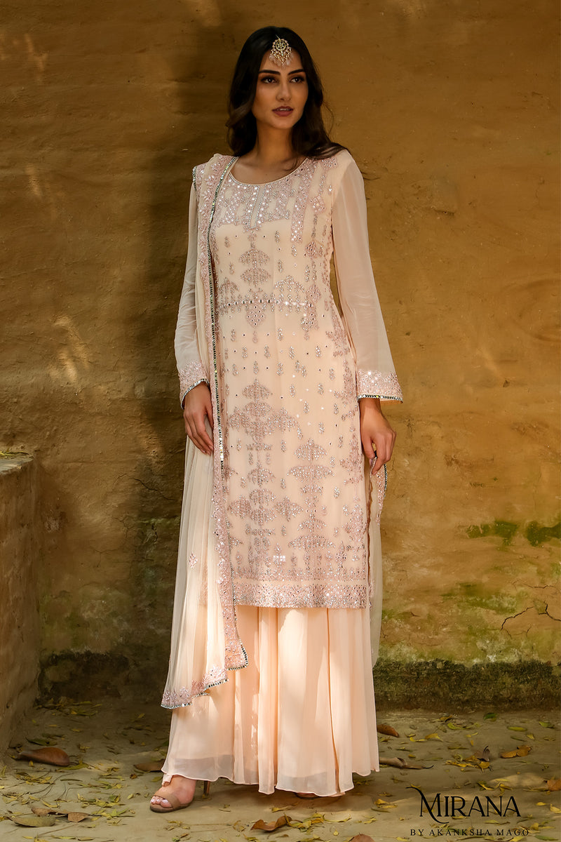 Irana - Peach Embroidered Kurta  Sharara Set