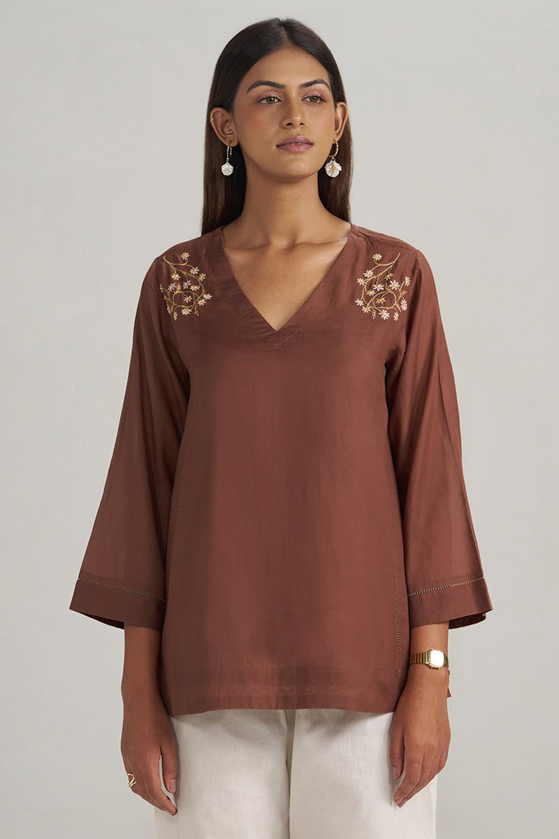 Cocoa Brown Embroidered Mul-Mul Tunic