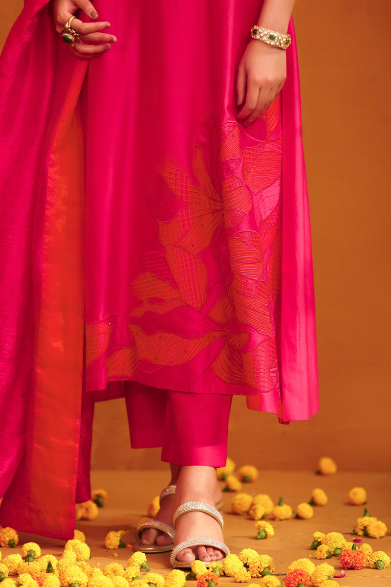 Jasmine Applique Suit Set - Hot Pink