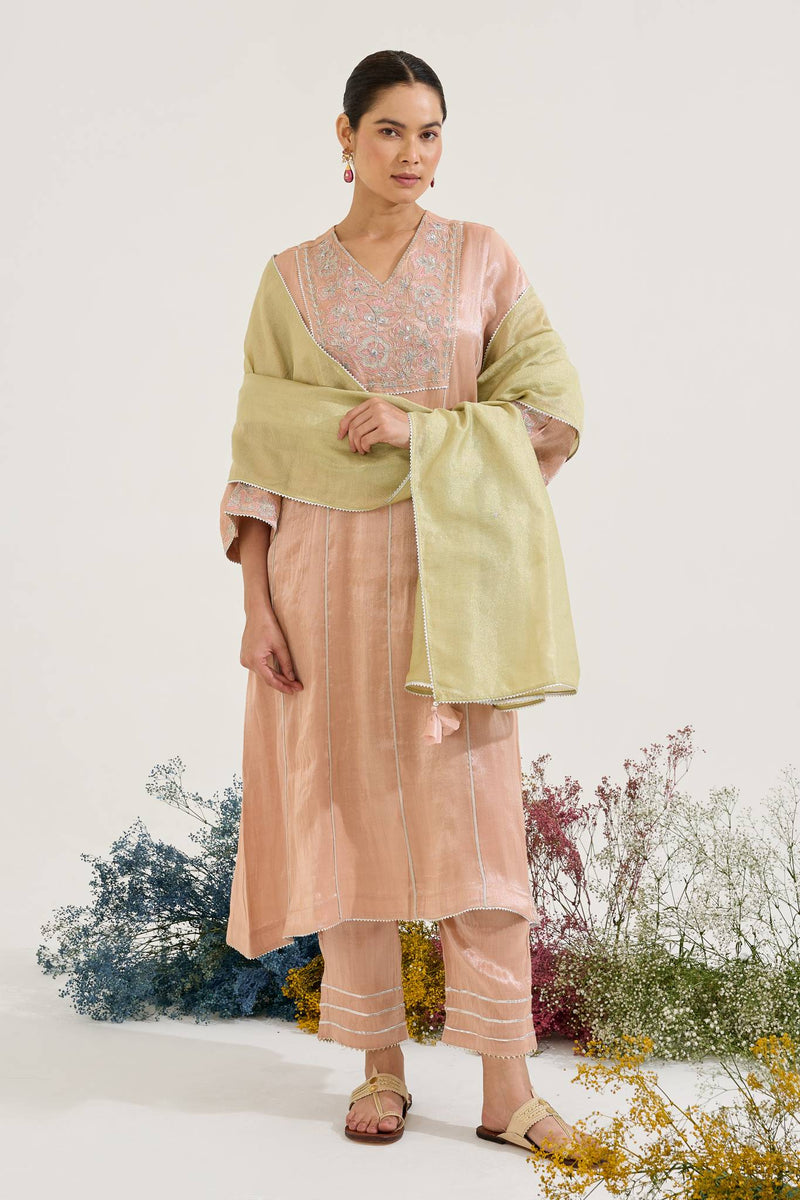 Mint Pink Sequins Floral Chanderi Stripe Dupatta
