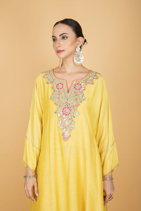 Lemon Yellow Embroidered Kaftaan  Kurta With Pants