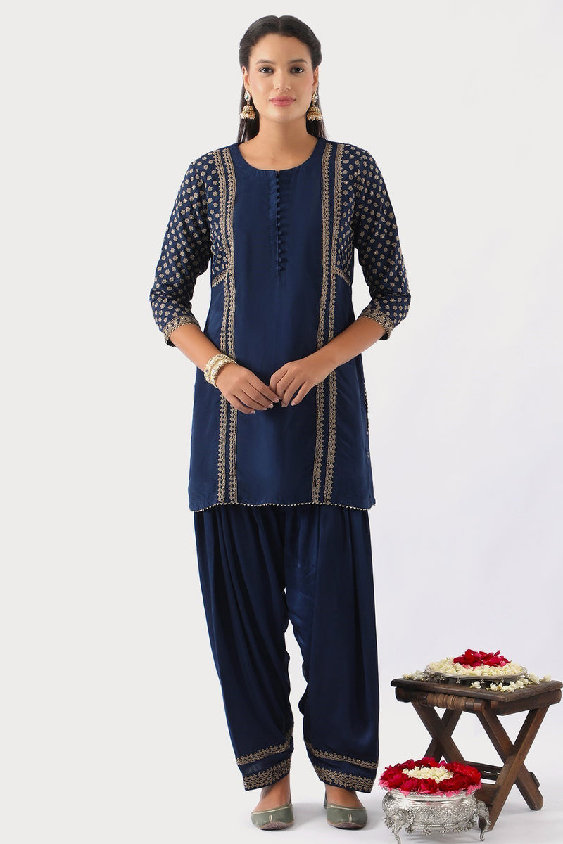 Midnight Blue yoke & sleeve embroidered short kurta & Salwar set