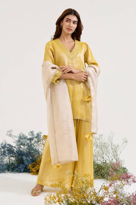 Old Yellow Charm Tissue Kurta with Sharara and Dupatta - Set of 3