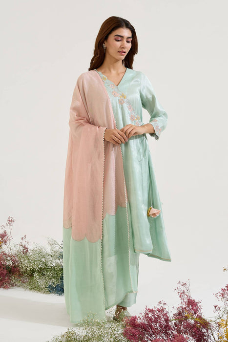 Mint Floral Zari Tissue Angrakha with Narrow Pants and Dupatta - Set of 3