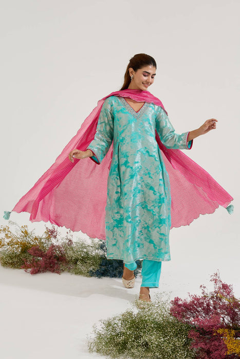 Aqua Dori Jacquard Kurta with Narrow Pants and Dupatta - Set of 3