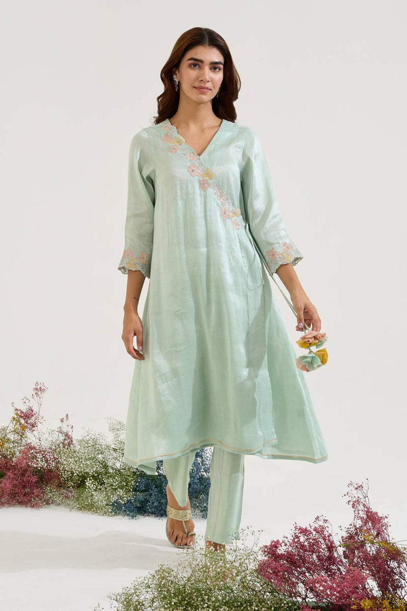 Mint Floral Zari Tissue Angrakha with Narrow Pants - Set of 2