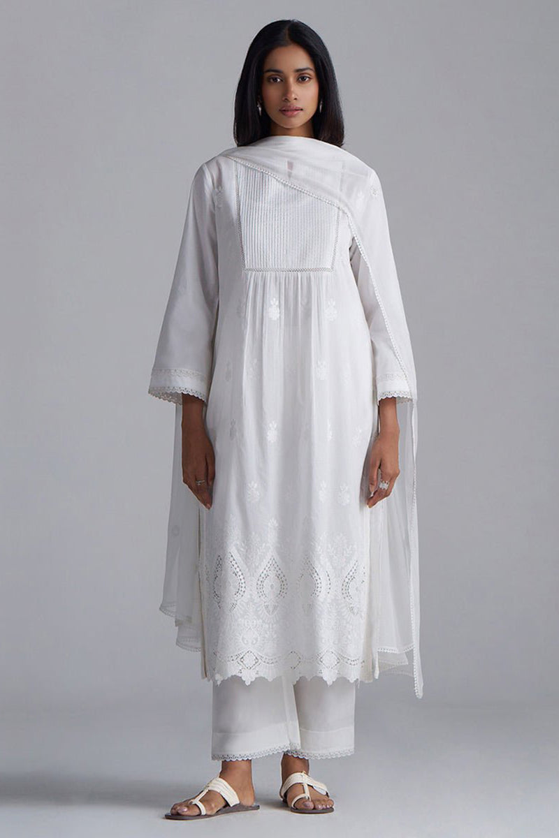 White Mul-Mul Embroidered Kurta Set