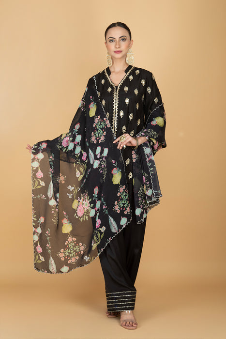 Black Mirror Butti Embroidered Short Kurta with Farsi Salwar & Printed Dupatta