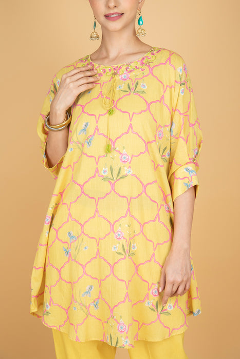 Lemon Yellow Embroidered Floral Print Short Kurta with Solid Pants