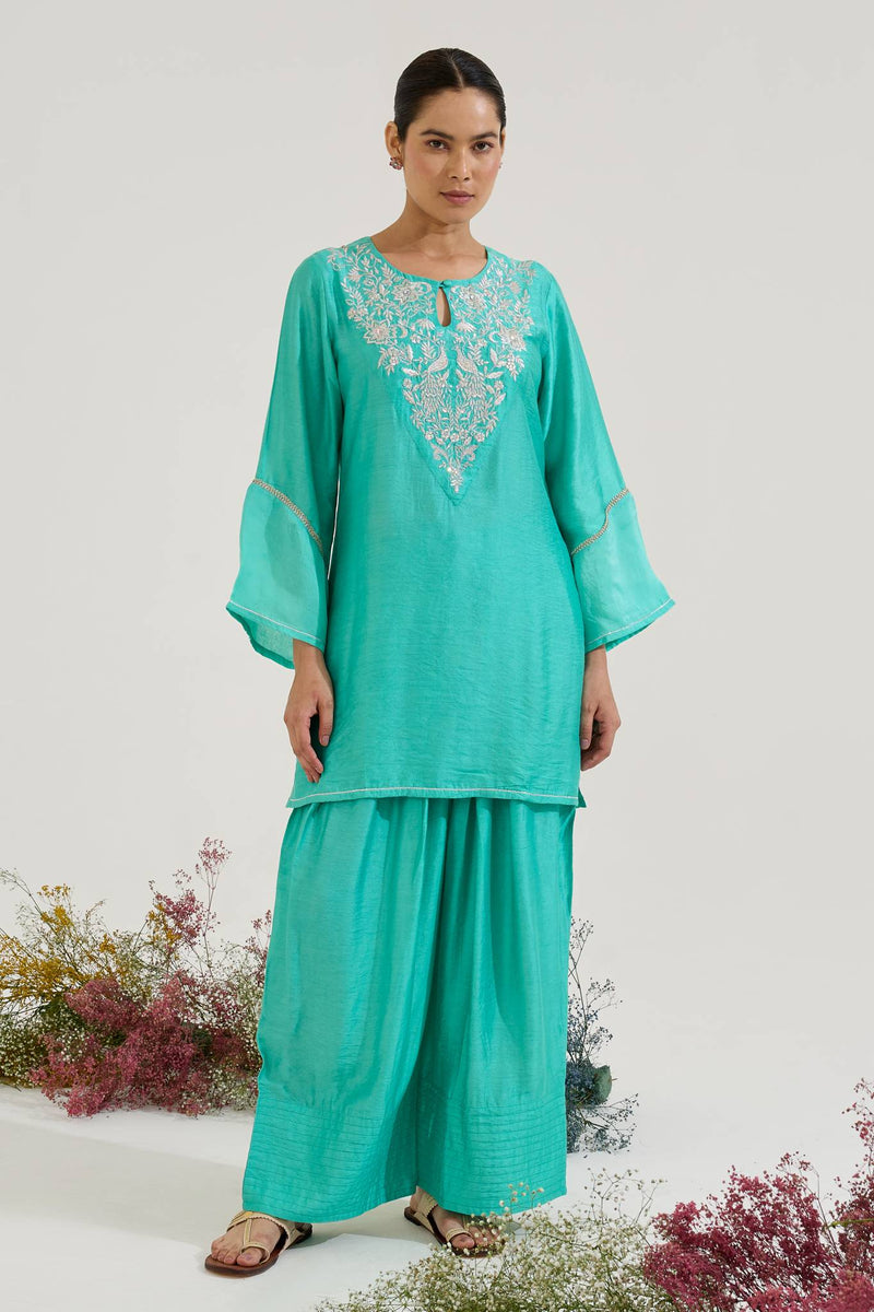 Aqua Green Zari Kurta with Farsi Salwar - Set of 2