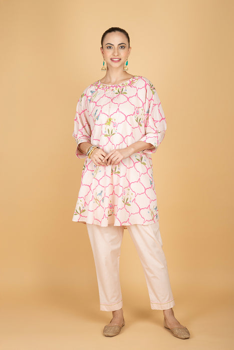 Nude Pink Embroidered Floral Print Short Kurta with Solid Pants