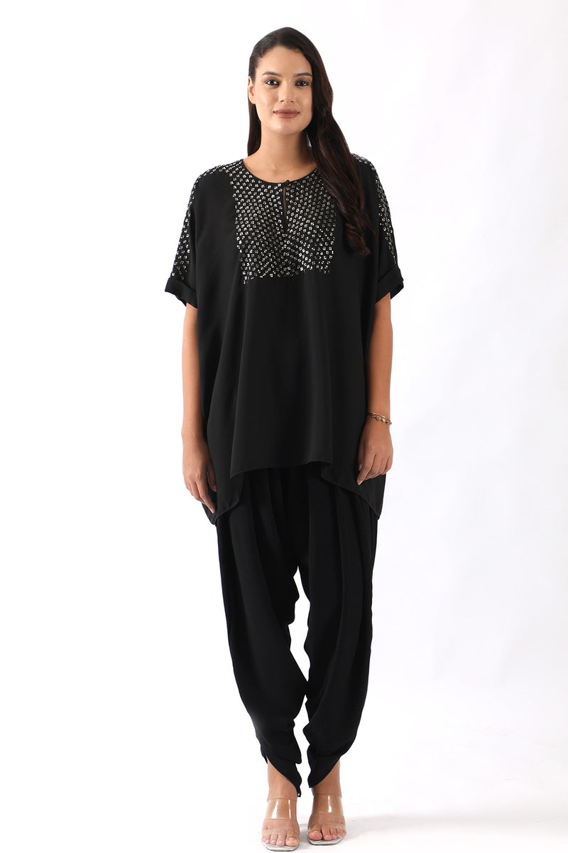 Black shoulder embroidered kaftan with dhoti