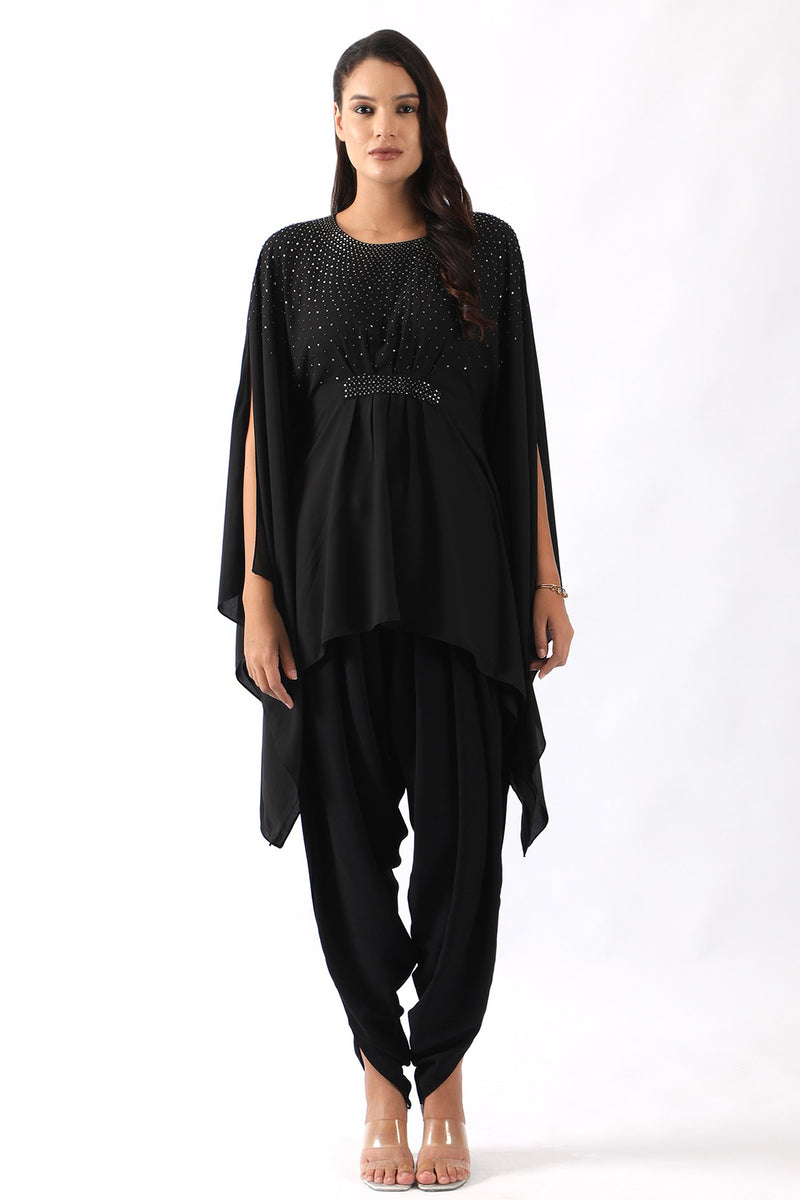 Black embroidered kaftan with belt paired with dhoti