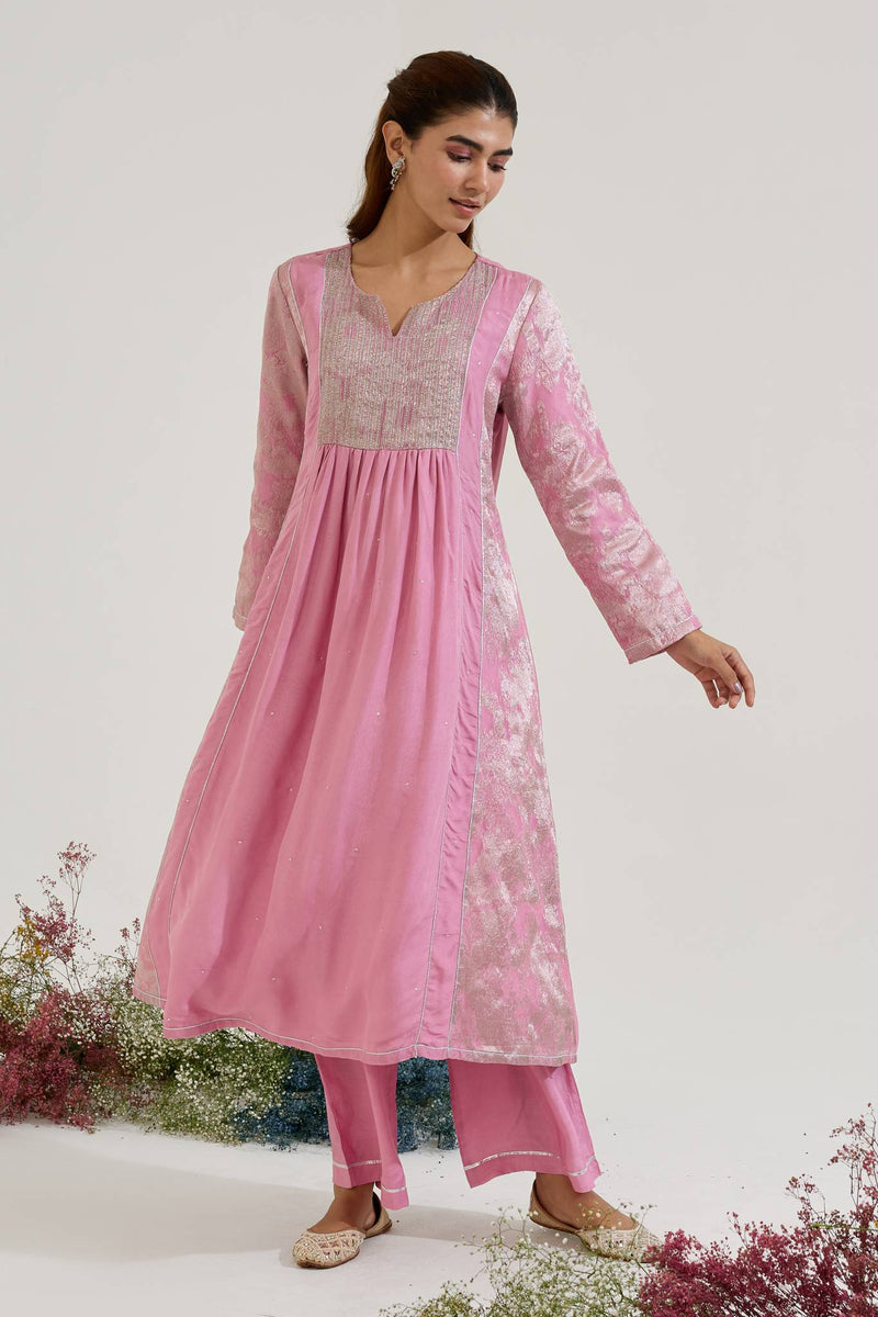 Lilac Dori Jacquard Kurta with Wide Leg Pants - Set of 2