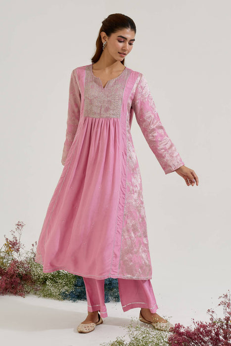 Lilac Dori Jacquard Kurta with Wide Leg Pants - Set of 2