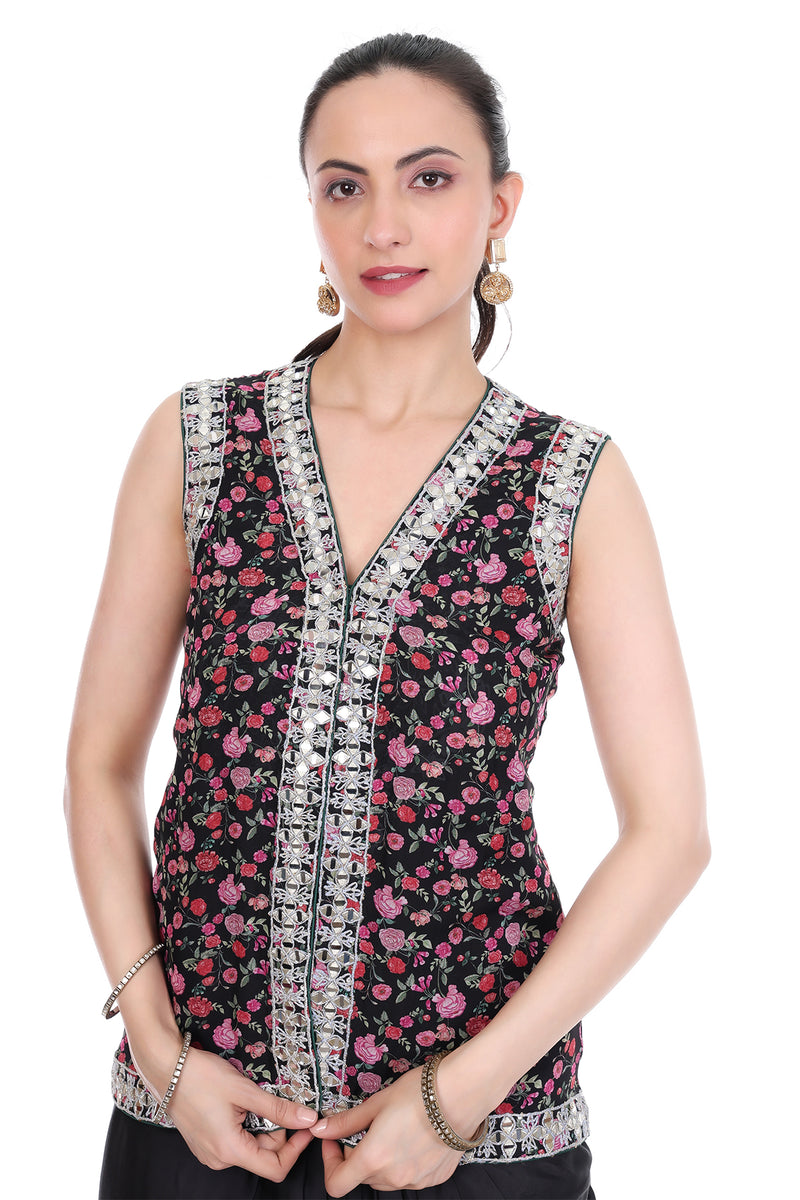 Black Mirror Embroidered Floral Print Jacket with Drape Skirt