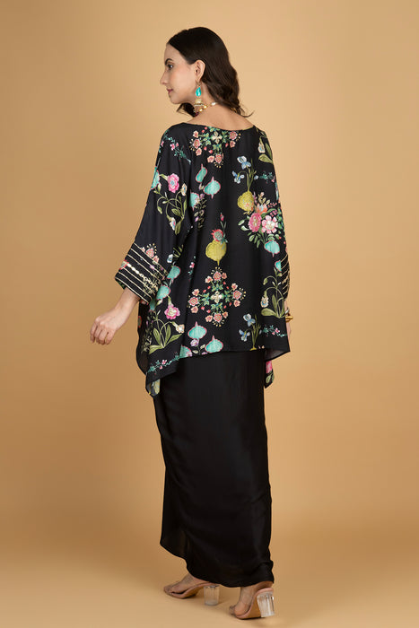 Black Printed Embroidered High Low Top W/Drape Skirt
