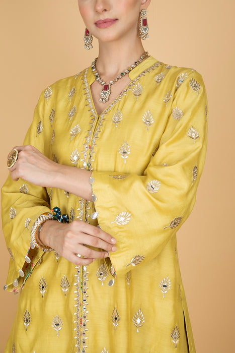 Lime Yellow Mirror Butti Embroidered Short Kurta with Farsi Salwar & Printed Dupatta