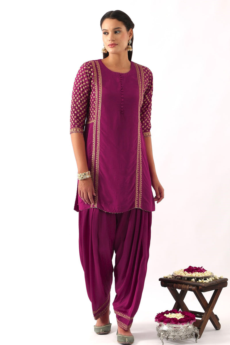 Magenta Pink yoke & sleeve embroidered short kurta & Salwar set