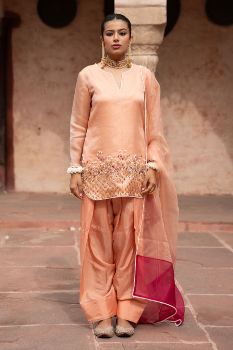 Peach Pink Hand-Embroidered Farshi Set