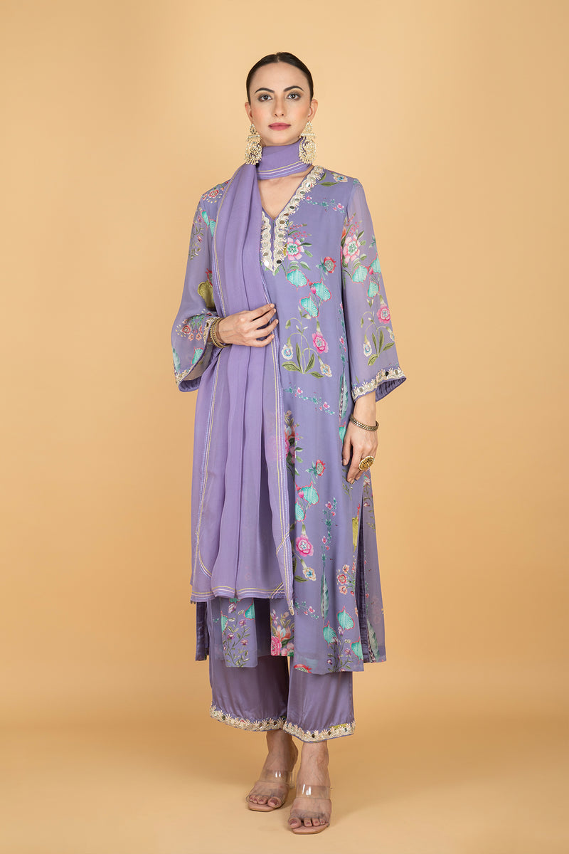 Purple Floral Print Mirror Embroiderd Kurta With Pants & Dupatta