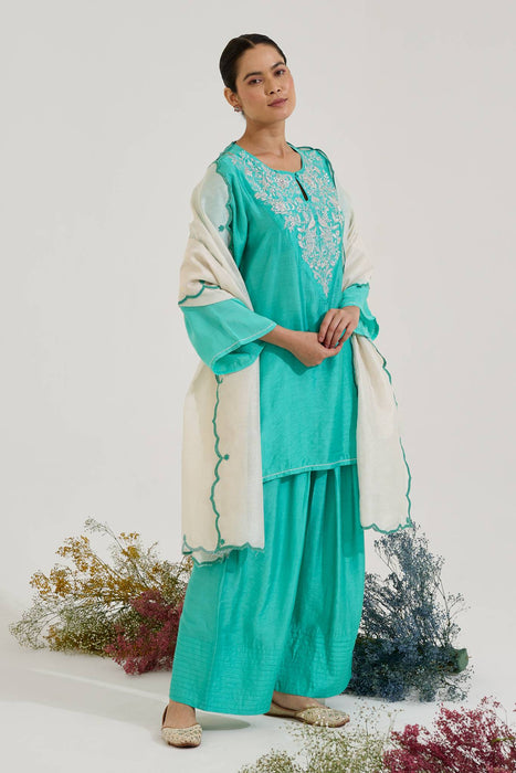 Aqua Green Zari Scallop Chanderi Stripe Dupatta