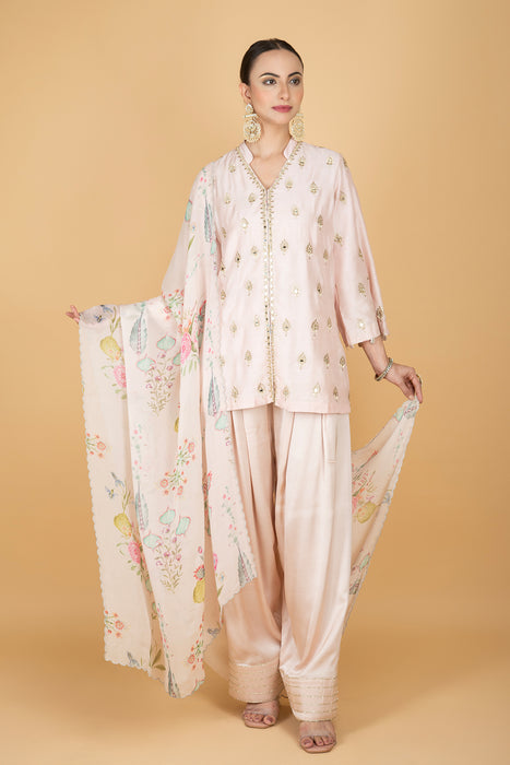 Nude Pink Mirror Butti Embroidered Short Kurta with Farsi Salwar & Printed Dupatta
