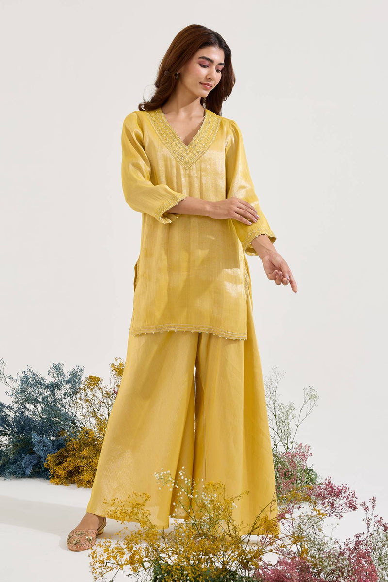 Old Yellow Charm Tissue Kurta with Sharara - Set of 2